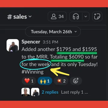 Slack message from a member: added $1,795 and $1,595 to MRR this week