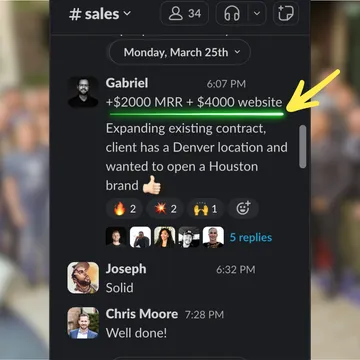 Slack message from a member: +$2,000 MRR and a $4,000 website